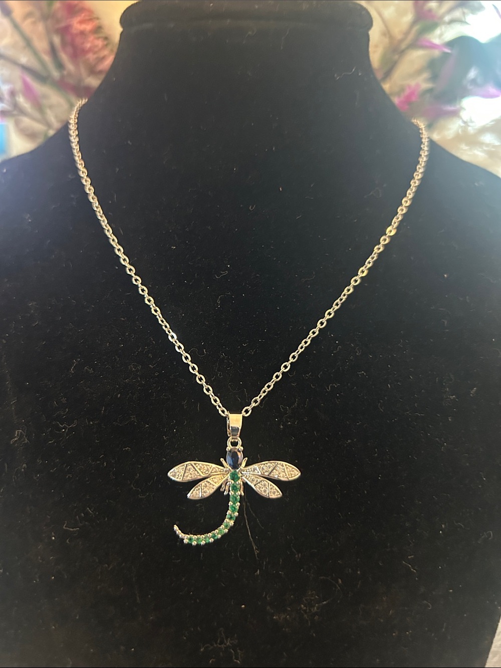 Silver Dragonfly Pendant Necklace with Green Accents